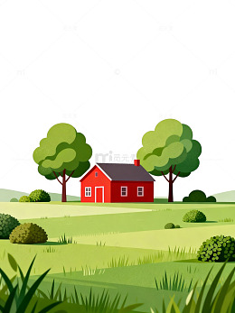 田园风光插画红色小屋