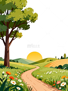 乡村小路风景田园插画