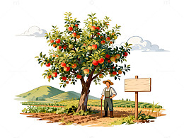 田园风苹果树农民插画设计素材