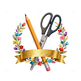 花环剪刀铅笔设计素材