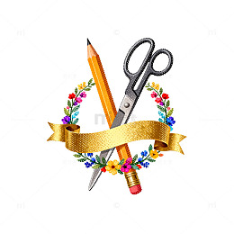 剪刀铅笔花环图案设计素材