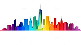 彩虹色城市天际线剪影