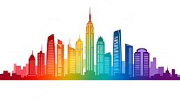 彩虹色城市天际线剪影