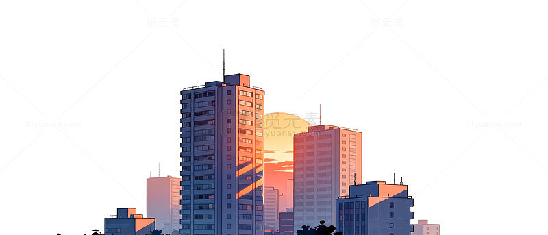 城市日落高楼剪影插画