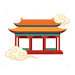 中国风古建筑插画云朵装饰