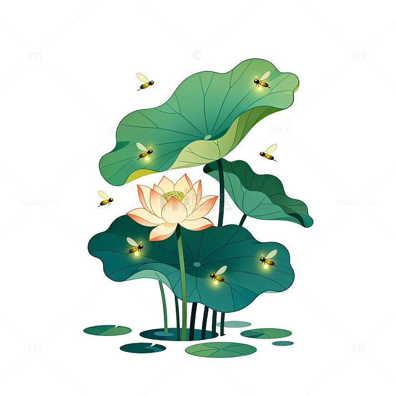水墨风荷花蜜蜂插画设计素材
