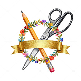手绘剪刀铅笔花环设计图