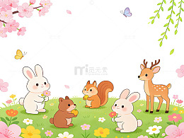 春日卡通动物野餐插画