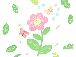 卡通风花草蝴蝶插画设计素材