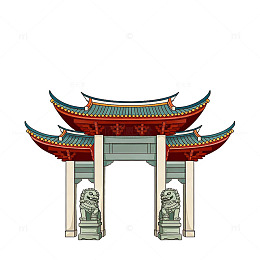 东方传统建筑大门插画素材