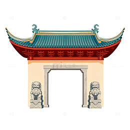 传统中式建筑门楼插画