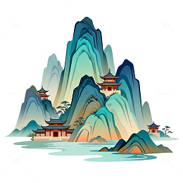 国风山水画古建筑矢量插画