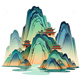 中国风山水画古建筑矢量插画