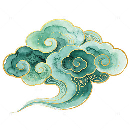 青绿水彩祥云元素