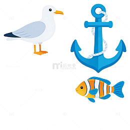 海洋 卡通 扁平 元素 鱼 海鸟