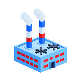 蓝色工厂建筑烟囱冒烟