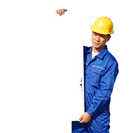 戴黄色安全帽的工人手持白板