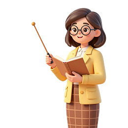 戴眼镜女教师手持教鞭与书本