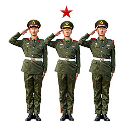 三名军人敬礼头顶红星