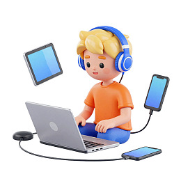 戴耳机的男孩使用笔记本电脑