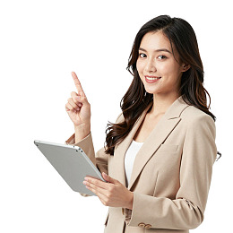 商务女性手持平板指向上方