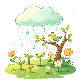 卡通雨中小鸟风景插画
