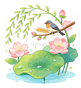 春季荷塘小鸟插画