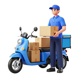 快递员手持包裹站在摩托车旁