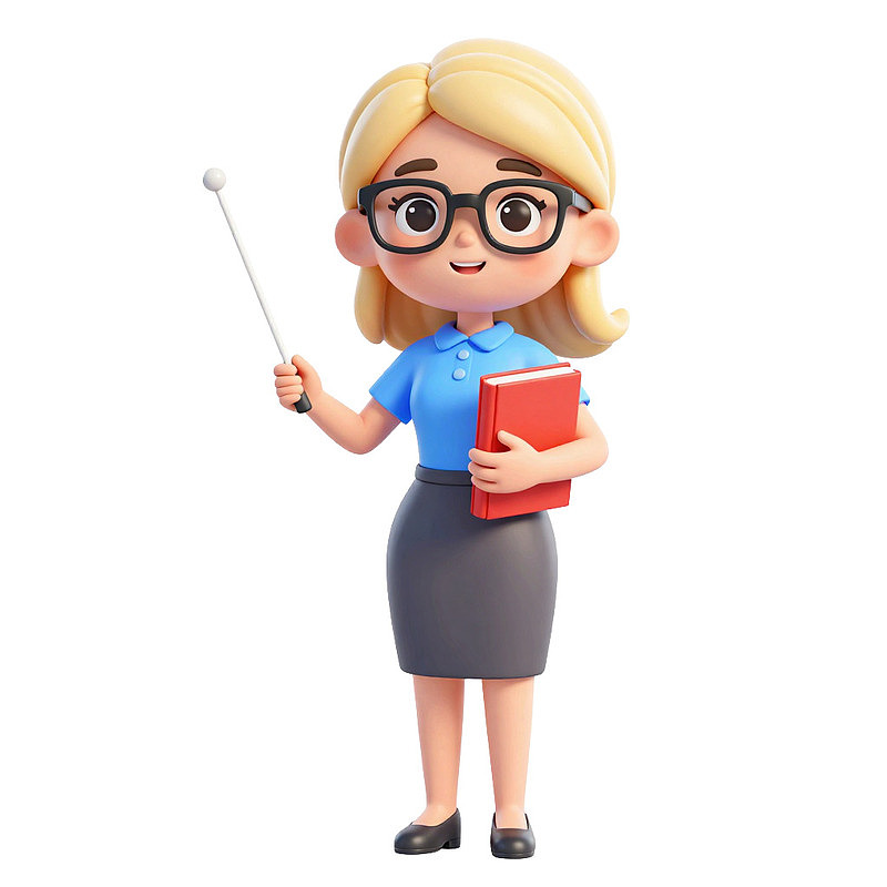 卡通教师手持教鞭与书本