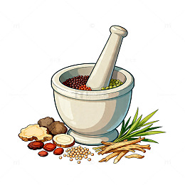 插画风中药研磨器与药材