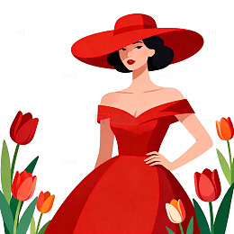 插画风格红色礼服女性素材