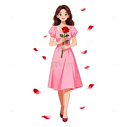 卡通风格女性手持玫瑰插画