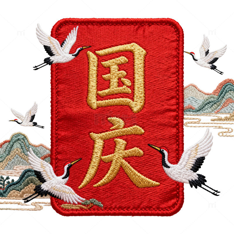 刺绣风格国庆主题图案设计素材