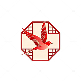 中式风格红色飞鸟剪纸图案