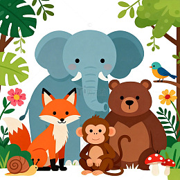 卡通动物森林插画