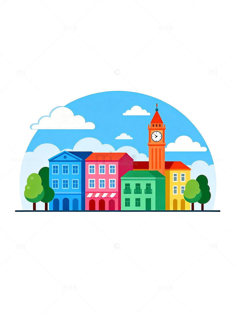 卡通风格城市风景建筑插画