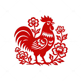 剪纸风格公鸡花卉图案