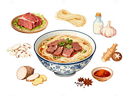 中式牛肉面食材插画