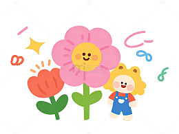 卡通风花卉与玩偶插画