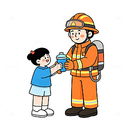 小朋友给消防员送水卡通场景插画素材