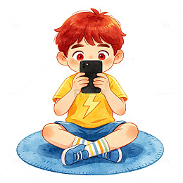 卡通男孩玩手机插画