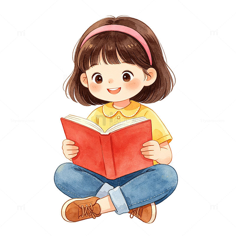 卡通女孩阅读插画设计素材