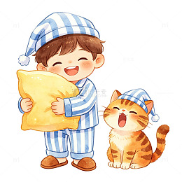 卡通风孩子与猫咪插画