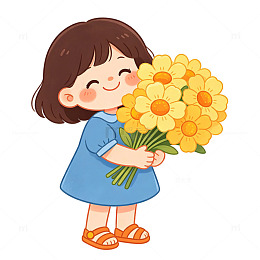 卡通女孩捧花插画