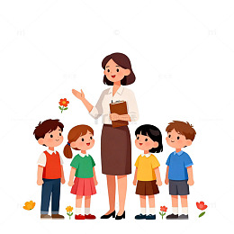 卡通教师与学生教学场景