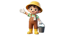 卡通男孩戴安全帽提水桶挥手
