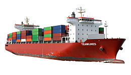 红色货轮装载集装箱图片