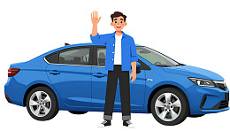 男子挥手站在蓝色轿车旁