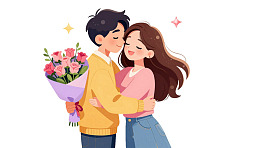 情侣拥抱手捧花束温馨画面