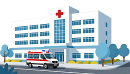 医院建筑旁停着救护车